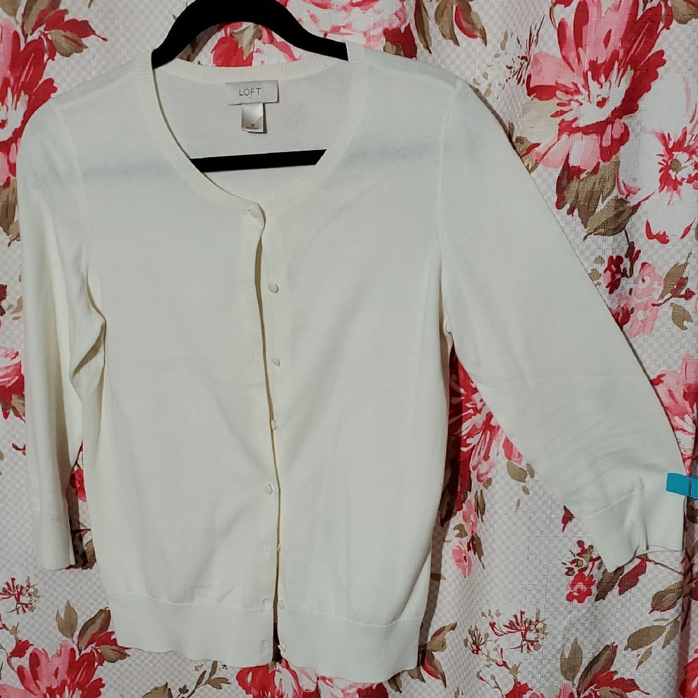 LOFT Ivory Button-Up Cardigan Medium Cotton